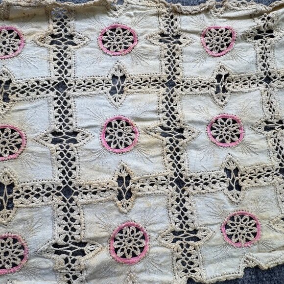 VTG Hand-Crocheted Lace‎ Table Runner With Pink Floral Accents 12" X 40" Boho - Picture 7 of 12